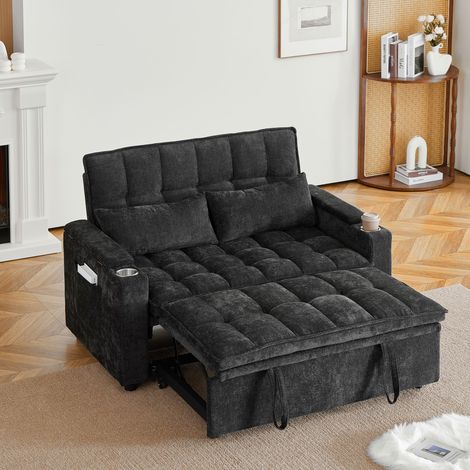 Canapé-lit 2 places 3 en 1 142x89x89 cm effet nuage avec rangements accoudoirs, porte-gobelets, 2 coussins lombaires, chenille noir (1/5)