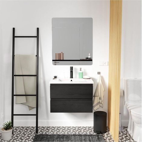 Meuble simple vasque 60cm SORRENTO chêne+vasque noire+robinet+miroir rectangle