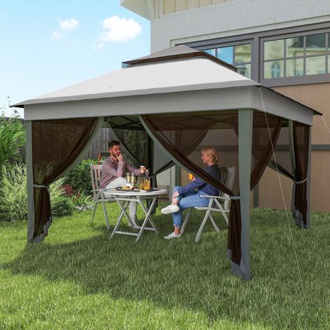 Kiosque moustiquaires ajustable sur 3 niveaux en acier tissu Oxford - Dimensions: 326x326x272 cm - Couleur: Gris clair, Gris foncé (1/4)