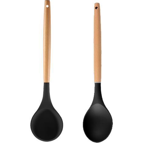 Ensemble Ustensiles Cuisine Bois Et Silicone - Resistance Haute Temperature - Pour Casseroles Antiadhesives - Lot De 6 Pieces (1/5)