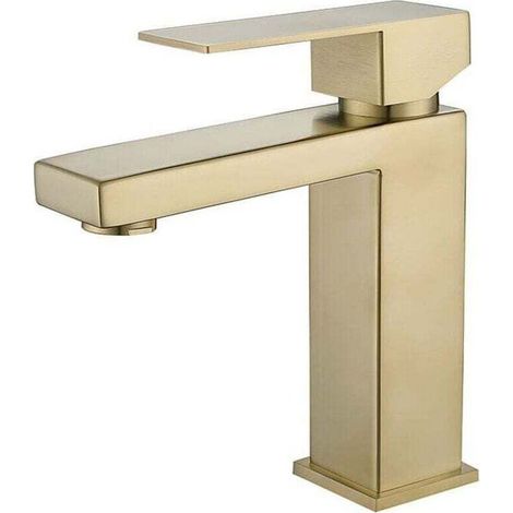 Robinet de Lavabo pour Salle de Bain et Bonde Pop Up avec Trop Plein, XU, Robinet Mitigeur Monocommande de Salle de Bain Carré en Acier Inoxydable Brossé Or - KZQ (1/4)
