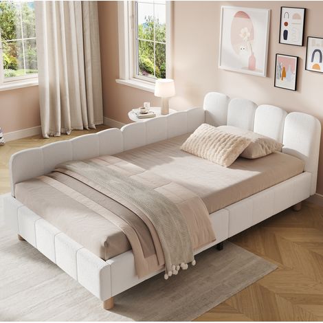 Letto singolo per bambini 90x200 cm, testiera ergonomica, tasche laterali, bouclé beige (1/5)
