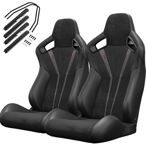 Pareja de asientos racing baquet universales en PVC negro reclinables con guías ajustables (1/5)