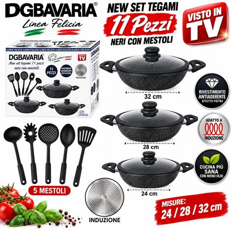 Set 11PZ Padelle A Tegame Induzione Pietra Antiaderenti 24/28/32 cm con Coperchi e 5 mestoli Nero (1/4)