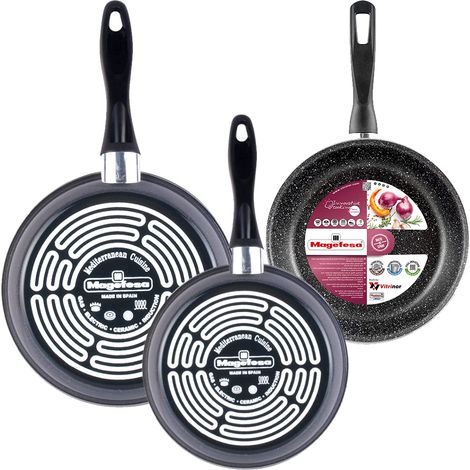 Lot de 3 Poêles 24/26/28 cm, Acier Émaillé Antiadhésif Sans PFOA, Tous Feux dont Induction, Lave-Vaisselle, Gris (1/5)