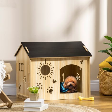 Cuccia per cani in MDF, 69 x 50 x 58,5 cm, con aerazione, rovere e nero DESVIAE (1/5)