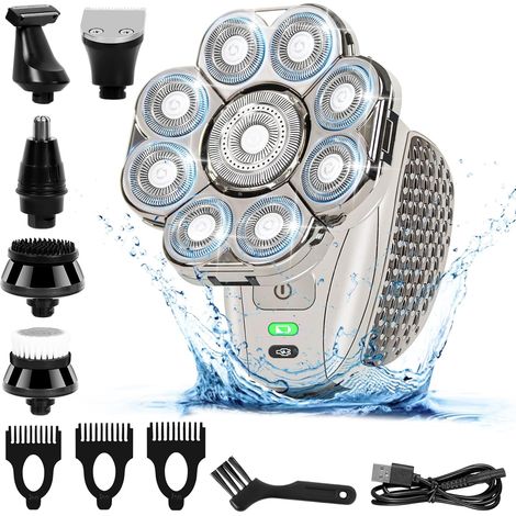 Men's Electric Shaver, 9D 6 in 1 Bald Electric Shaver Rechargeable Rotary Head Shavers IPX7 Waterproof Dry and Wet Beard Body Nose Ears Head and Face (1/5)