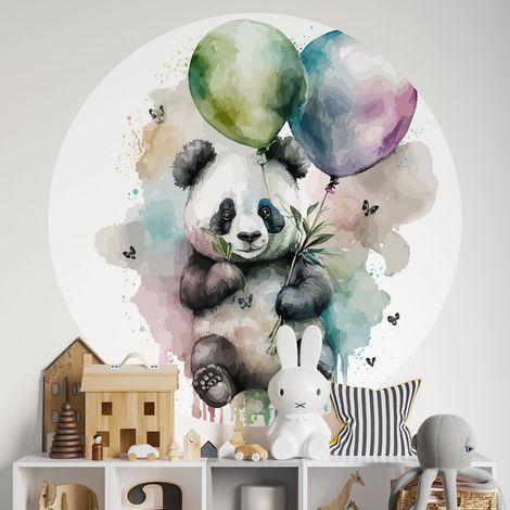 Sticker mural rond / cercle Enfants - Panda ballons - Diamètre 30 cm - Adhésif MAT (1/2)
