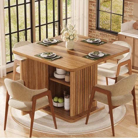 Mesa de comedor 80x80x76 cm MDF y metal marrón oscuro con almacenaje integrado - MEUBLIV (1/5)