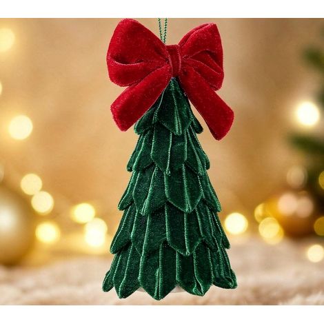 Décoration suspendue petit arbre de Noël en velours vert foncé 14 cm, ornement pour sapin avec nœud rouge (1/3)