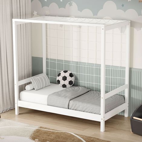 ML-Design Cama Infantil 70 x 140 cm con Portería de Fútbol Balonmano de Madera de Pino Blanca, Cuna Individual para Niño con Somier de Láminas y Red, Litera Maciza Juvenil Puerta de Juego y Deporte (1/5)
