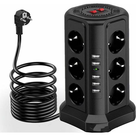 Multiprise tour parafoudre 12 prises CA et 5 ports USB Protection 1500J Câble 2m Interrupteurs indépendants (1/4)