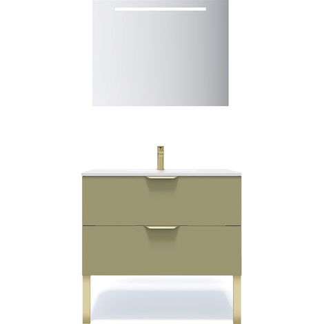 Meuble de salle de bain suspendu vasque intégrée 90cm 2 tiroirs Vert olive + miroir - Venice (1/5)