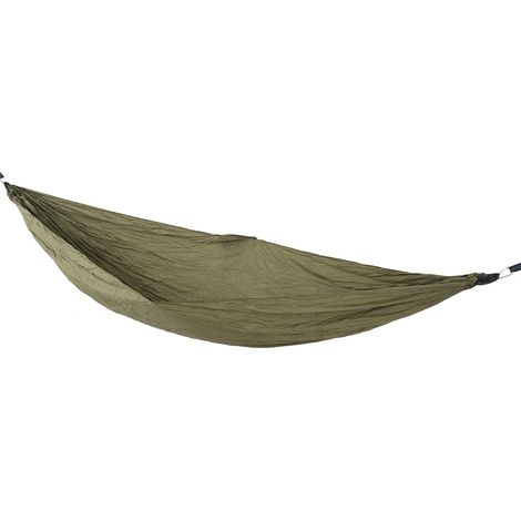 Hamac double portable en nylon à séchage rapide, idéal pour le camping, la randonnée et le trekking (vert armée), avec sangle pour arbre. (1/5)