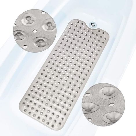Tapis de bain antidérapant, extra-long 100x40 cm, avec trou d'évacuation à ventouse, tapis de douche anti-moisissure, gris