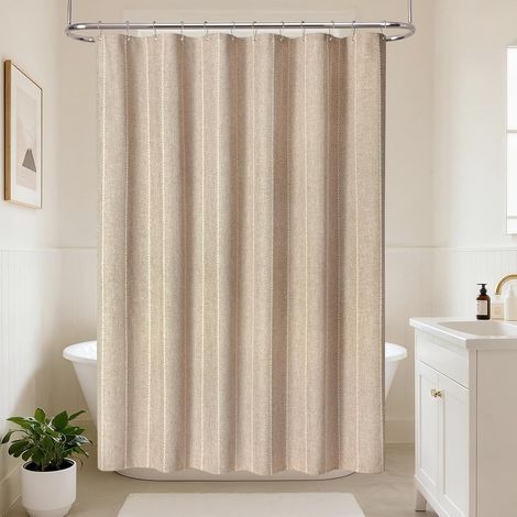 Rideau de Douche Bohème à Bande, Tissu Polyester-Lin à Bande, Revêtement Imperméable Rideaux de Douche pour Salle de Bain Style Campagnard Rustique Shabby Chic Neutre, 182 x 182 cm (1/5)