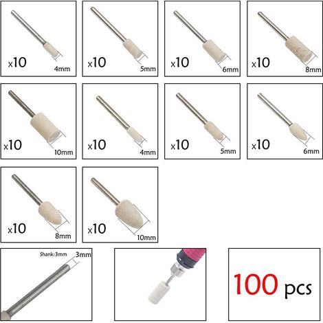 Laine feutre Mandrel Monté Polissage Tête Multifonctionnel Meulage Point de Polissage Polissage Accessoires 100 PCS (1/4)