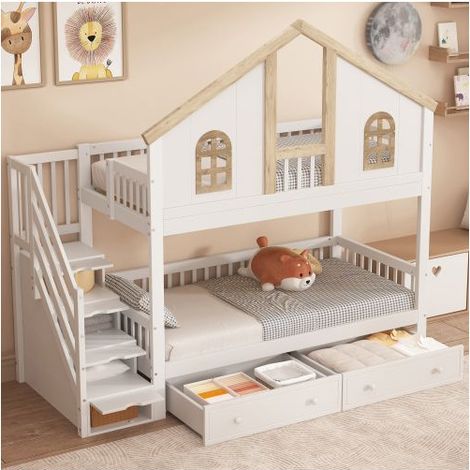 Lit Superposé Enfant 90x200cm - Escalier Rangement & 2 Tiroirs - lit Superposé - Forme Cabane Bois Massif Blanc et Naturel Sécurisé (1/5)