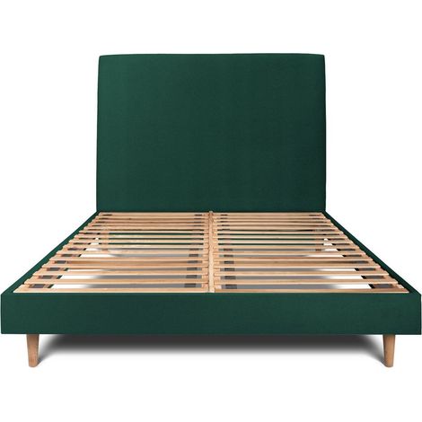 Lit 150x190cm avec tête de lit tapissier velours et sommier kit vert - Hauteur totale : 29cm (1/5)