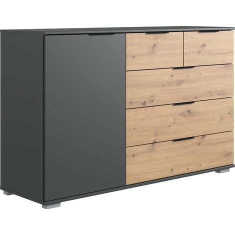 Commode meuble de rangement, coloris graphite/imitation chêne artisan - Longueur 130 x Hauteur 90 x Profondeur 41 cm -PEGANE- (1/4)