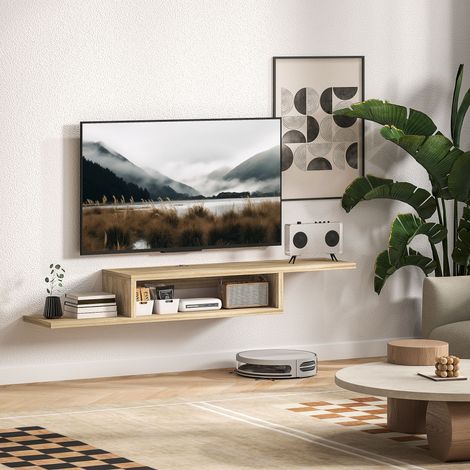 Mueble de TV flotante de pared - estante de pared flotante - nicho, gestión de cables - roble claro