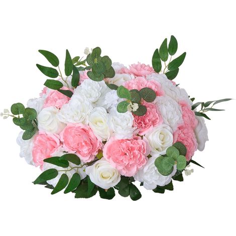 Bouquet de Fleurs Artificielles 10 Pièces, Diamètre 450 mm, Centre de Table Mariage, Roses Rose et Blanc pour Décoration Maison (1/5)