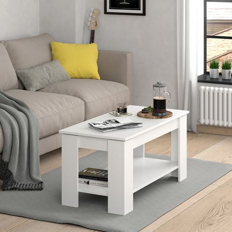 Mesa de centro Lorenz, Blanco, 100 x 50 cm con función elevadora, Vicco