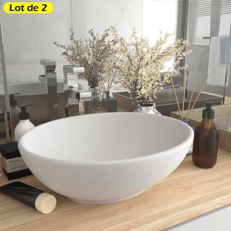Lot de 2 Vasques de Salle de Bain Ovale. Blanc Mat. Lavabo moderne SANS Mitigeur (1/5)