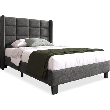 Polsterbett Leinen Grau 90x200 cm mit Lattenrost und Taschenfederkernmatratze, gepolstertes Kopfteil