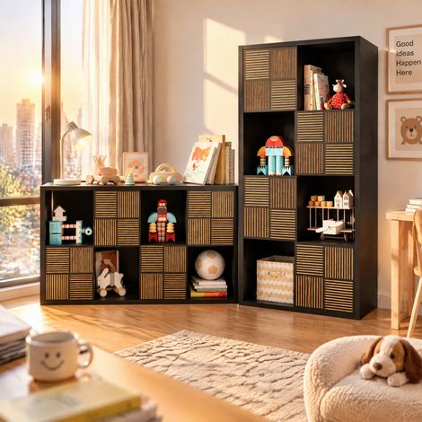 Meuble de rangement modulable noir 125x30x60 cm avec portes, bibliothèque étagère design scandinave pour salon, chambre enfant et bureau