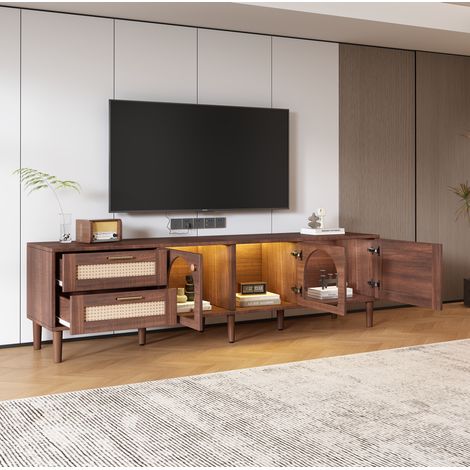 Mueble TV 180x40x50 cm marrón en tablero de partículas con LED, 2 cajones de ratán y 3 puertas (1/5)