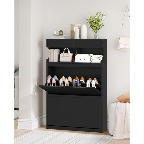Meuble à chaussures étroit noir 80 x 24 x 124,5 cm – Capacité 16 paires – Étagère réglable avec tiroirs pliants – Design incliné (1/5)
