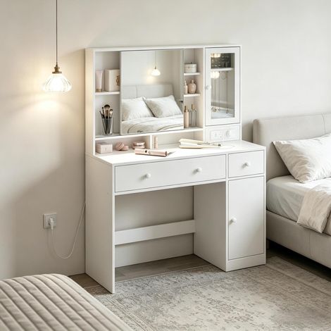 Toeletta trucco 108x40x139 cm bianca con specchio LED scorrevole, presa integrata e portagioie (1/5)