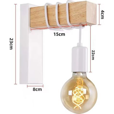 Lampe murale, applique murale vintage à flamme au design industriel, lampe rétro en acier et en bois, blanc, douille E27 (1/2)