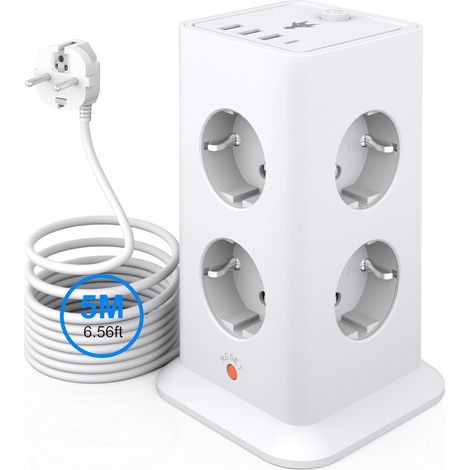 Multiprise avec Interrupteur, Tour 8 Prises USB 3.4A, câble 5m Blanc 3680W Design vertical gain de place, parafoudre anti-surtension, adapté maison et bureau (1/5)