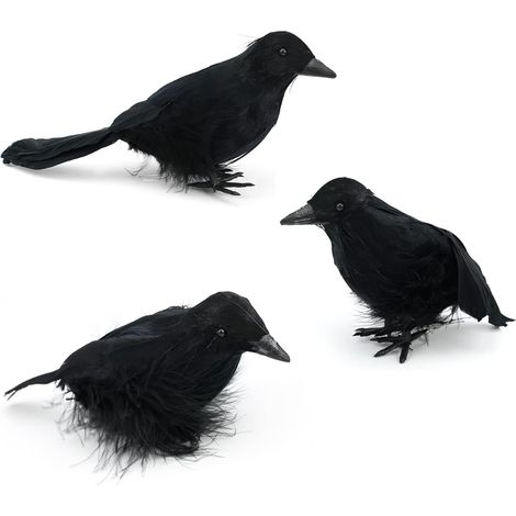 Lot de 3 corbeaux artificiels à plumes noires pour Halloween. Décoration réaliste pour la maison, le jardin ou toute autre fête d'Halloween. (1/5)