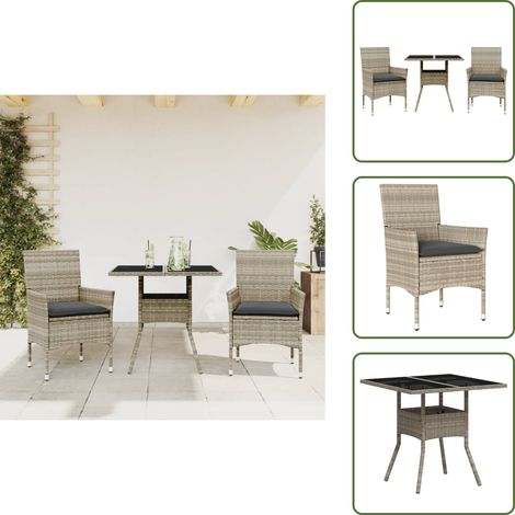 3-tlg. Garten-Essgruppe mit Kissen Hellgrau Poly Rattan Glas - Gartenmöbel - Essgruppe - Gartenset - Outdoor Möbel - Terrassenmöbel (1/5)