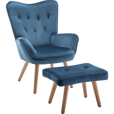 Ohrensessel mit Hocker aus Samt, Blau, Lesesessel mit Armlehnen (1/5)