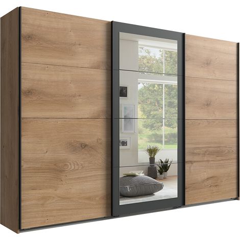 Armoire Placard, meuble de rangement avec 2 miroirs coloris Imitation chêne poutre, rechampis graphite - Longueur 270 x Hauteur 208 x Profondeur 58 cm (1/4)