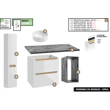 Ensemble complet de salle de bain - Meuble - Plan - Armoires - Cube - Vasque à poser avec Siphons OFFERT OPRA 90 x 60 x 45 cm (1/5)