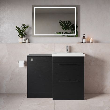 Napoli 390 Nero Oak 1100mm 2 Drawer Vanity Unit Toilet Suite with Glide Basin - 1100mm - Chrome 320mm HandleWithout Kingston Toilet Pan