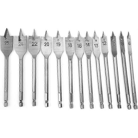 13-teiliges Flachbohrer-Set (6–25 mm) mit Griff, 1/4 Zoll, für Holzbearbeitung, zum Bohren von Löchern und Erweitern – arbeitssparend