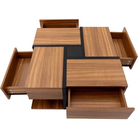 ELVMI Couchtisch quadratisch mit 4 Schubladen und 1 offener Ablage für Wohnzimmer aus Spanplatte 78×78×36 cm Natur (1/5)