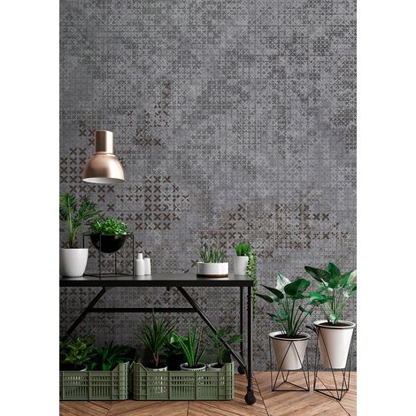 Papier peint panoramique couloir et salon | Tapisserie panoramique design effet pierre | Papier peint à motifs croix noir et gris tendance - 270 x 400 cm (4 pièces) (1/5)
