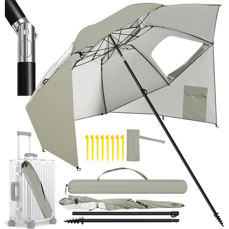 Randaco Strandschirm 210 cm Sonnenschirm mit UV Schutz 50+, neigbar mit Erdspieß und Tragetasche, wasserabweisender Gartenschirm für Strand, Garten & Balkon – Beige mit Spiral-Erdspieß