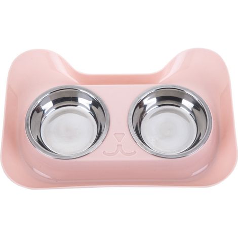 Bols pour chiens de compagnie en acier inoxydable forme mignonne anti-fuite intérieur lisse facile à nettoyer Double bol pour chats rose (1/5)