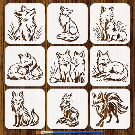 9Pcs Pochoir Renard Avec Pinceau 15x15cm Pochoir Renard Assis Pochoirs Renards Courant Modèle de Dessin Thème Des Animaux pour Peinture sur Bois Meubles Muraux Décoration Maison DIY (1/5)