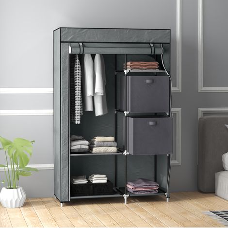 Armoire en tissu pliable avec tiroirs et barre de penderie, gris foncé, structure en acier (1/5)