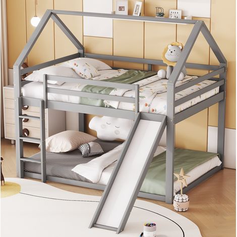 Letto a castello a casetta 140x200 cm con scivolo e scala, in pino, grigio, senza materasso (1/5)