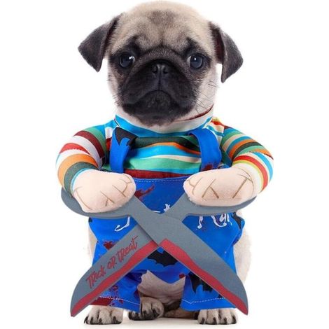 Costume di Halloween per cane con le forbici in mano
